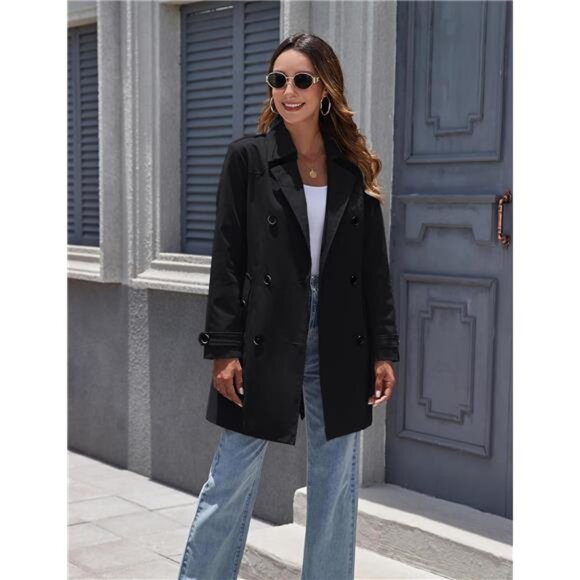Women's Waterproof Trench Coat Classic Lapel Outerwear Coat with Belt - Picture 3 of 7